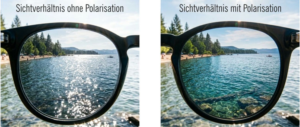 Blick duch ein polarisierdendes Brillenglas und Blick durch ein Sonnenschutzglas ohne Polarisation