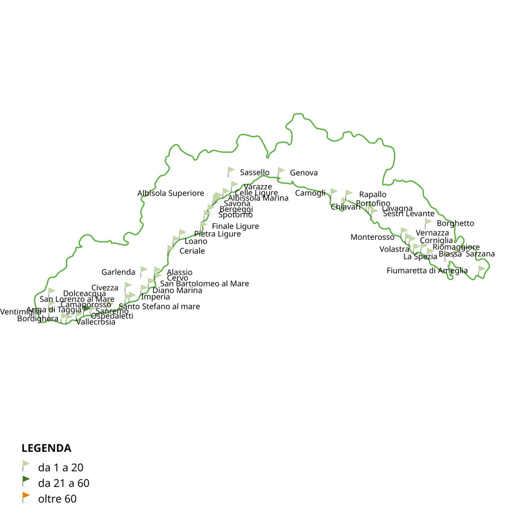 cartina Liguria con pin delle località dove gestiamo alloggi