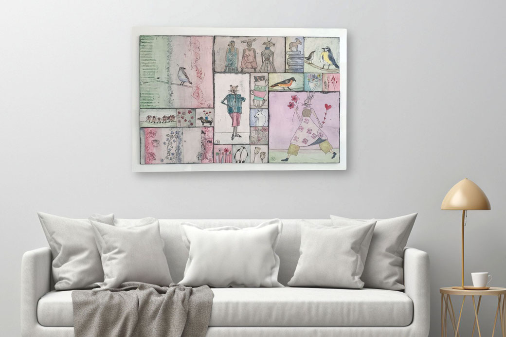 ambientebild,unikat aus mehreren formaten,pastellfarben,pink,grün,flora und fauna,collage