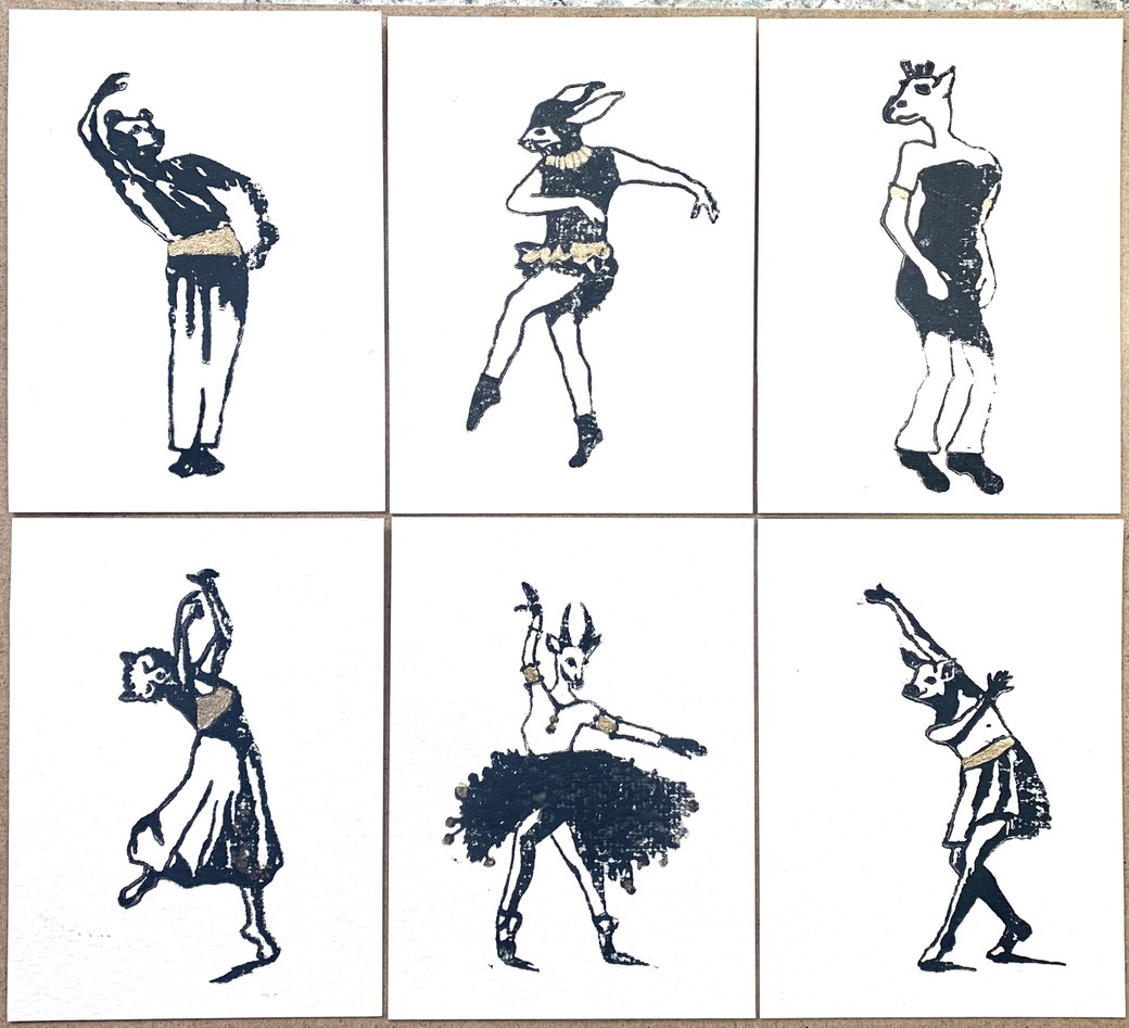 6 handgedruckte Karten_tanzen_baer_hase_giraffe_fuchs_steinbock_schwein