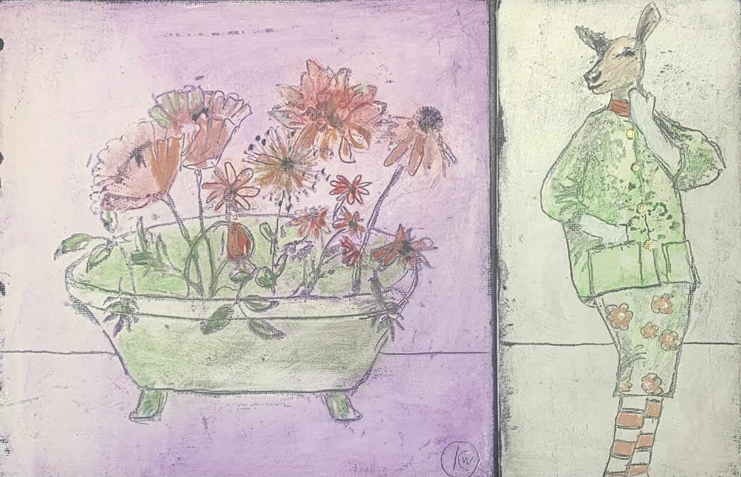 gemaltes unikat violettgruen, mit blumen in einer badewanne, rehdame in gruen im kostüm