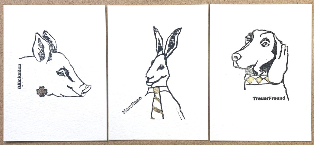 3 handgedruckte Karten im Set_glueckssau_herr hase_treuer Freund_schwein_hase_hund