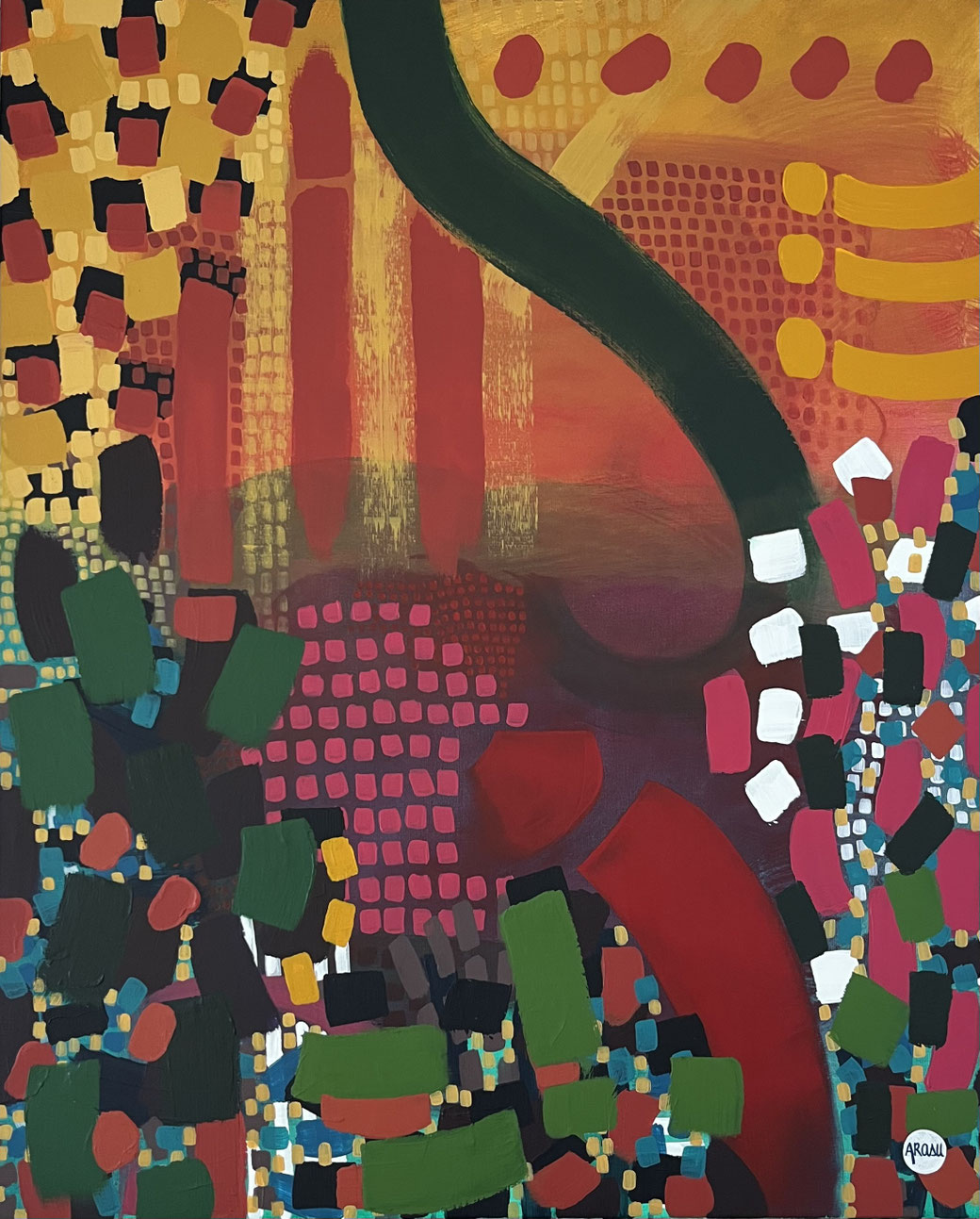 Peinture abstraite d'inspiration ethnique, faite de touches colorées superposées. Par l'artiste Sandrine Sueur alias Arasu.