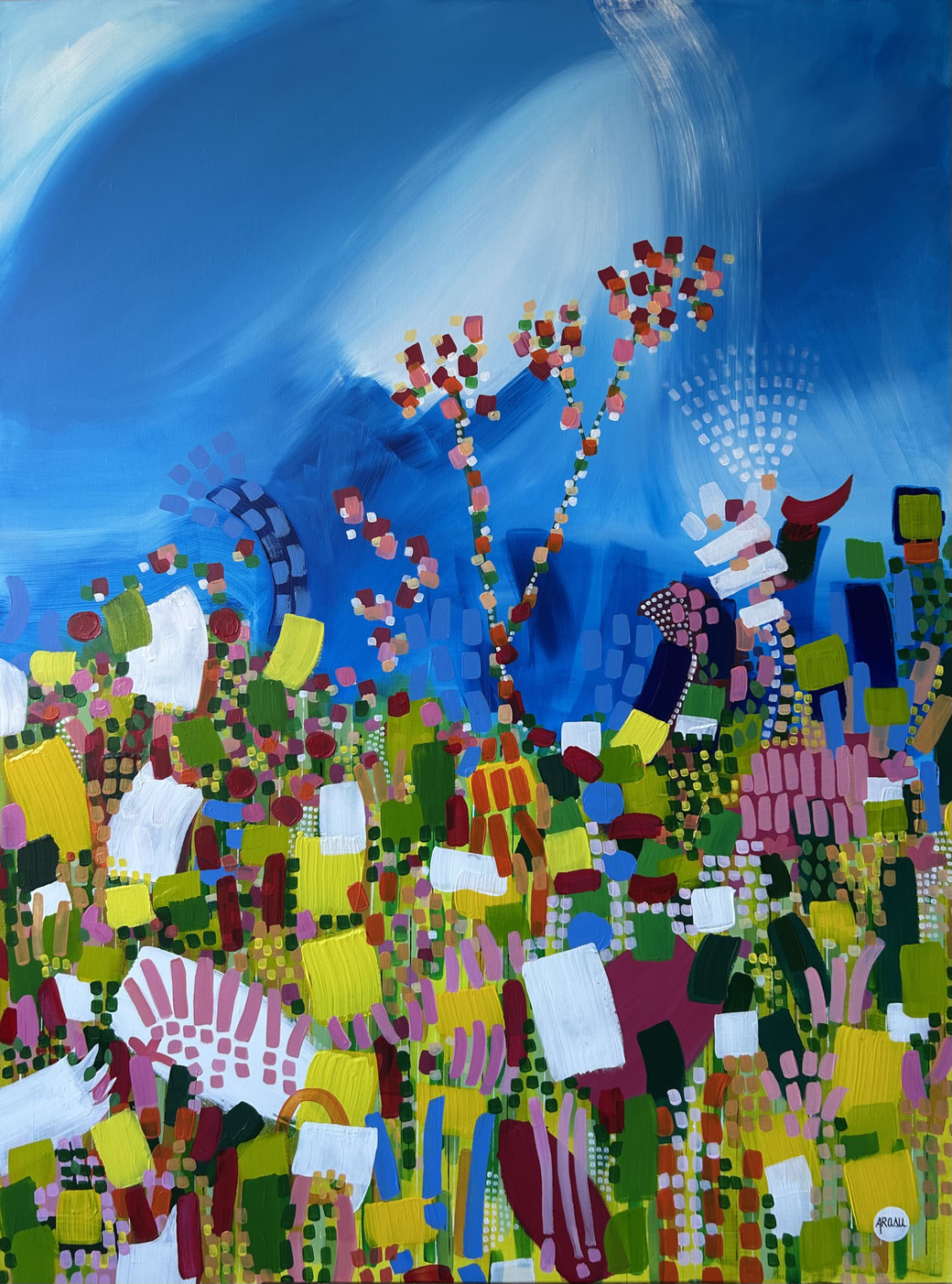 Peinture abstraite colorée, évoquant l'impulsion de vie par le jaillissement. Superposition de couches et touches de couleurs en peinture acrylique sur toile de lin de grand format 130 x97 cm.