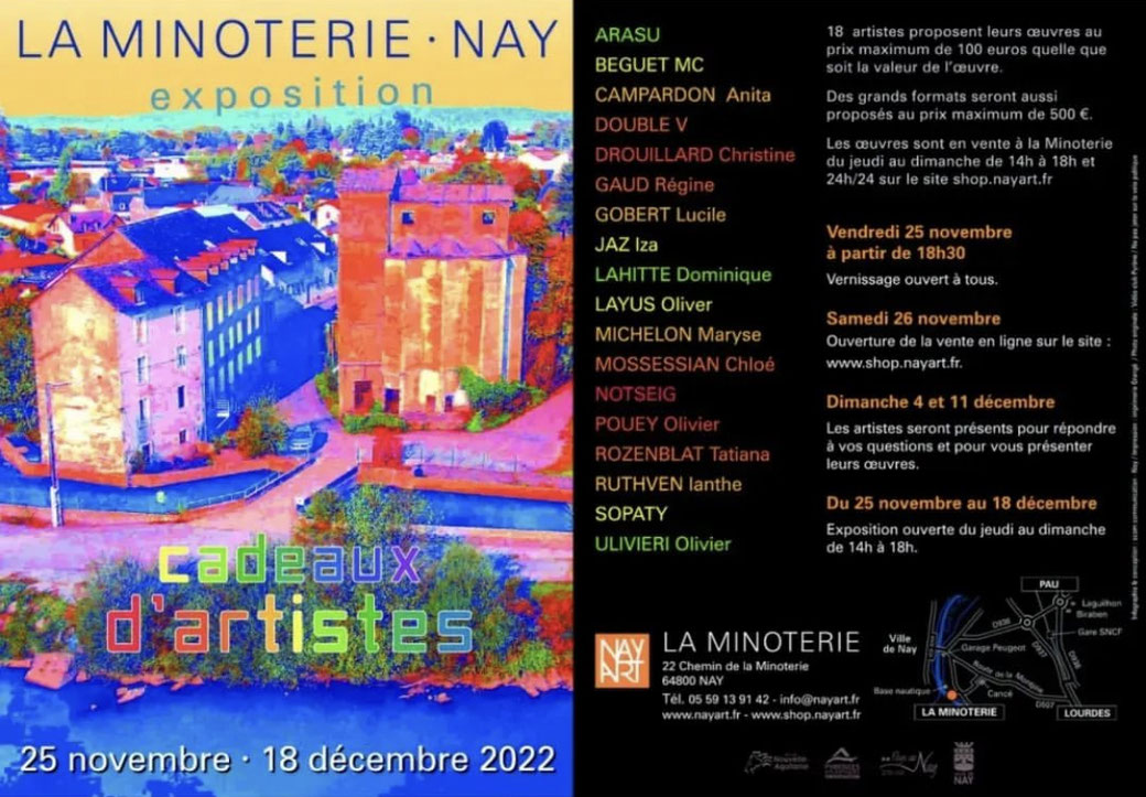 L'artiste peintre professionnelle Arasu expose parmi d'autres artistes, à la Minoterie de Nay à l'occasion de l'évènement Cadeaux d'artistes.