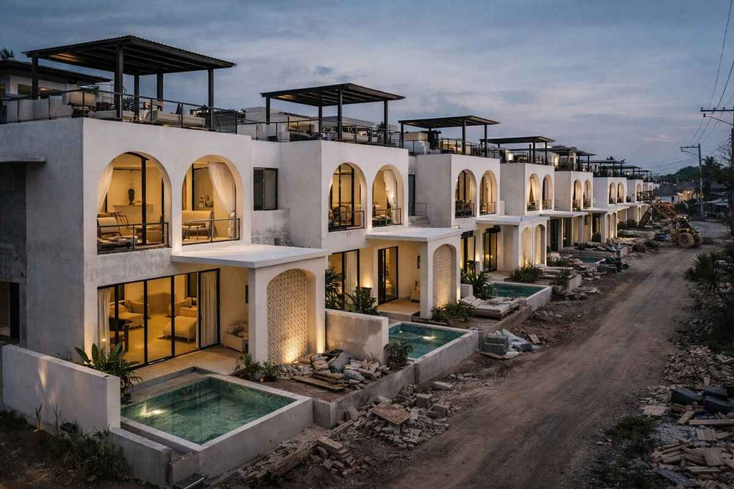 Rows of nearly identical developments illustrate the current direction of parts of the Canggu market.