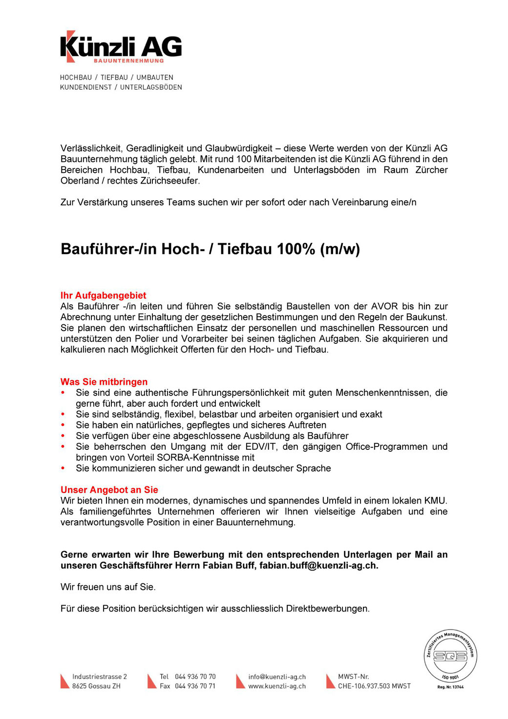 Stellenausschreibung auf der Facebook-Seite der Künzli AG, 25.3.2020
