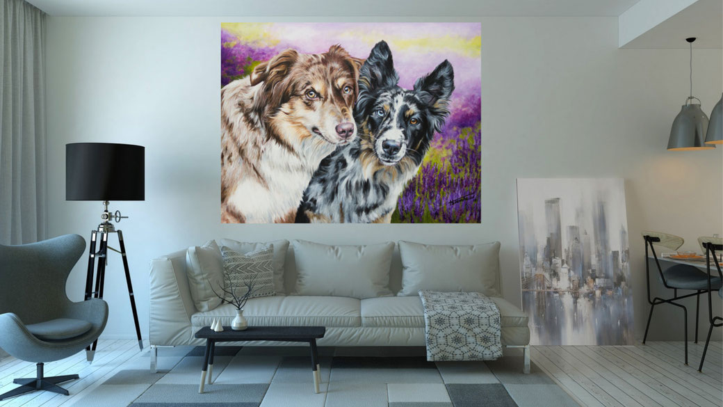 Wohnzimmer Beispiel Acrylgemälde Australian Shepherd Maevee & Aimee