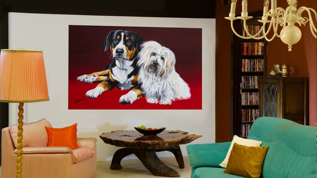 Wohnzimmer Beispiel Acrylgemälde Entlebucher Moritz & Coton de Tulear Nico von Künstlerin Hanna Stemke