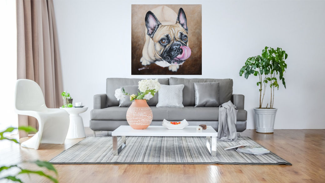 Wohnzimmer Beispiel Acrylgemälde Französische Bulldogge Lotta von Künstlerin Hanna Stemke