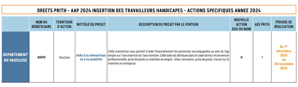 Tableau d'appel à projet 2023 décrivant le projet de chaque porteur dans le département du Vaucluse - La Niaque l'ASSO