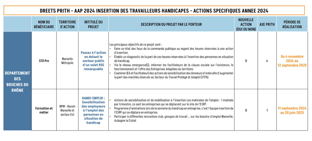 Tableau Appel à Projet 2023 pour l'Insertion des Travailleurs Handicapés dans les Bouches-du-Rhône HANDIWORK SAS et Handicap Entrepirse Défi Action (HEDA)