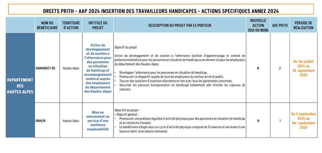 Tableau d'appel à projet 2023 décrivant le projet de chaque porteur dans le département des Hautes Alpes - Handirect05 et DAHLIR