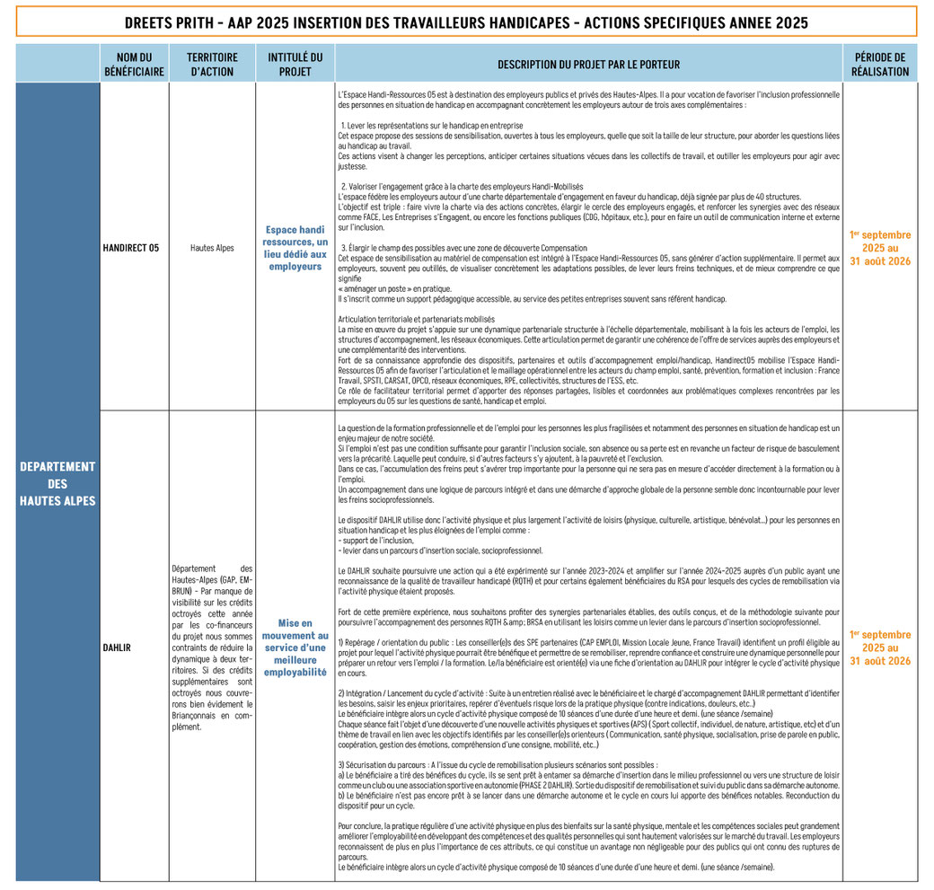 Tableau d'appel à projet 2023 décrivant le projet de chaque porteur dans le département des Hautes Alpes - Handirect05 et DAHLIR