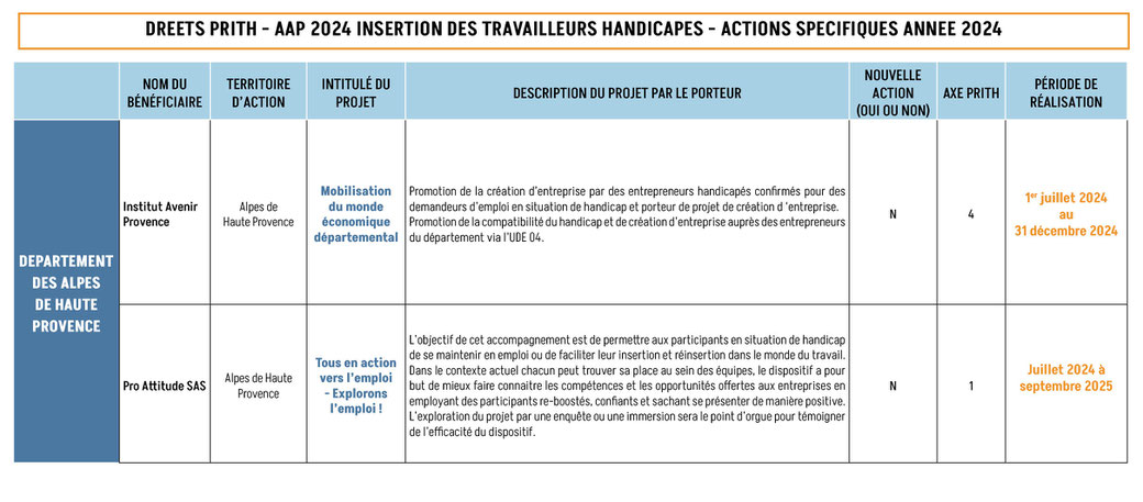 Tableau d'appel à projet 2023 décrivant le projet de chaque porteur dans le département des Alpes de Haute Provence - Institut Avenir Provence et Pro Attitude SAS
