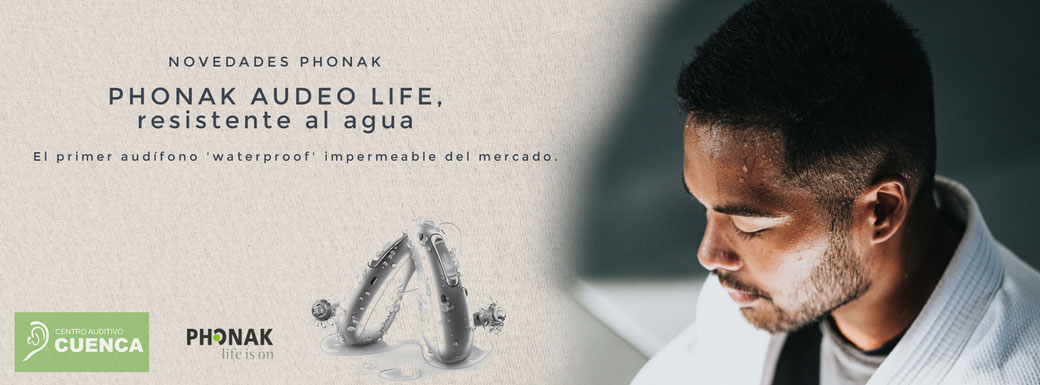 Audífono Phonak Audeo Life, resistente al agua. El primer audífono waterproof impermeable del mercado. En Centro Auditivo Cuenca, Valencia.