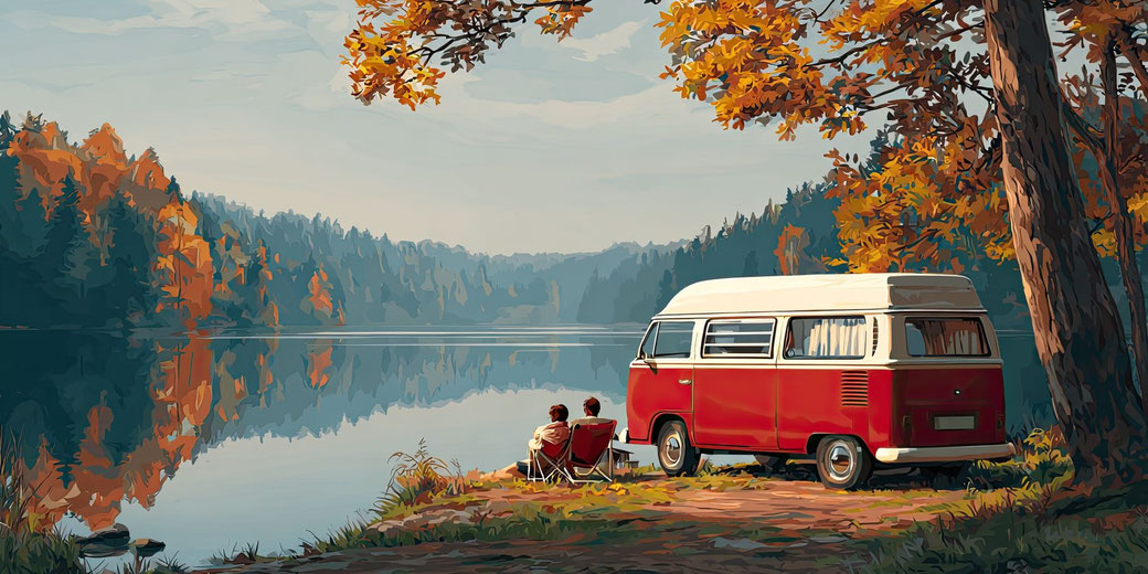 Roter Camper am See, davor 2 Menschen auf Campingstühlen im Herbst. Gut geschützt im Wohnmobil Herbsturlaub mit einem Wohnmobil-Reiseschutz oder einer anderen Camping-Versicherung der ERGO Reiseversicherung.