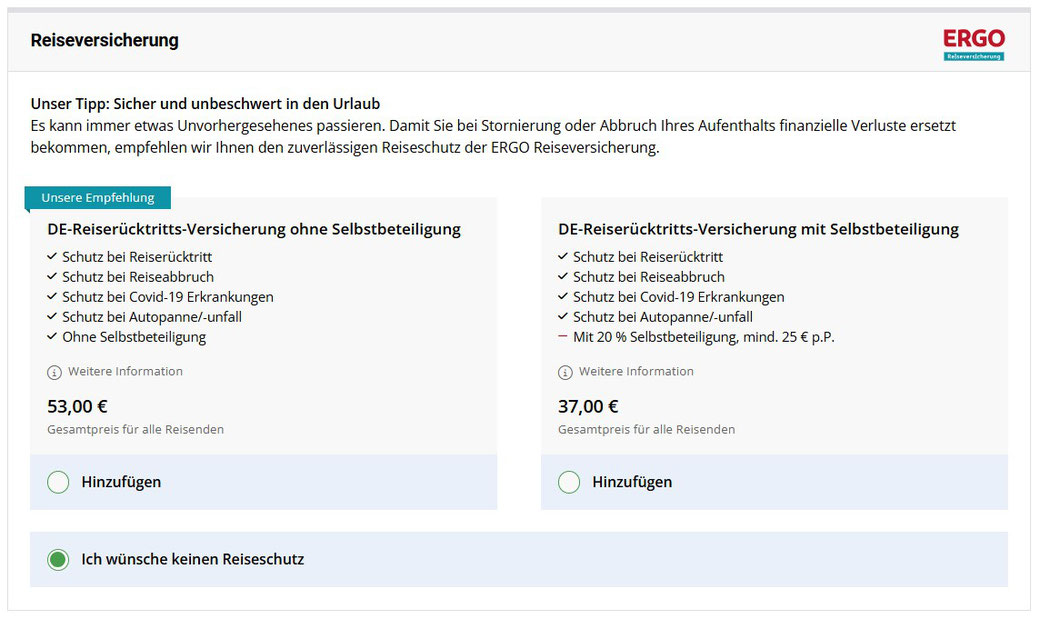 Einbindung der ERGO Reiseversicherung in den Buchungsprozess bei FewoOne