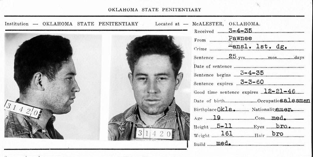 Entry form to the Oklahoma State Penitentiary in 1935