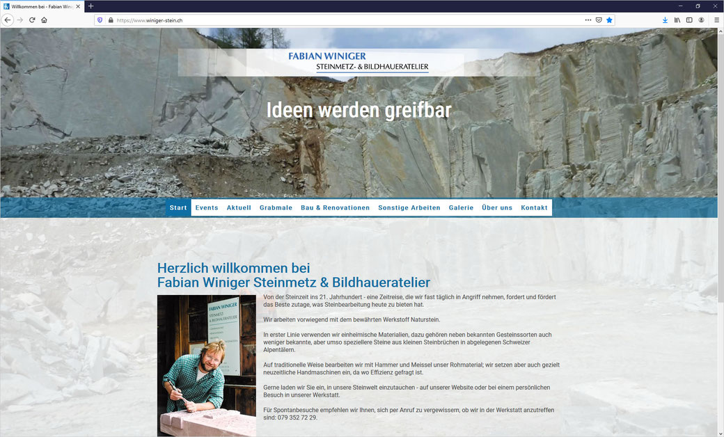 Fabian Winiger Steinmetz & Bildhaueratelier, Hombrechtikon - Umsetzung mit Responsive Design CMS für PC's, Tablets und Smartphones.