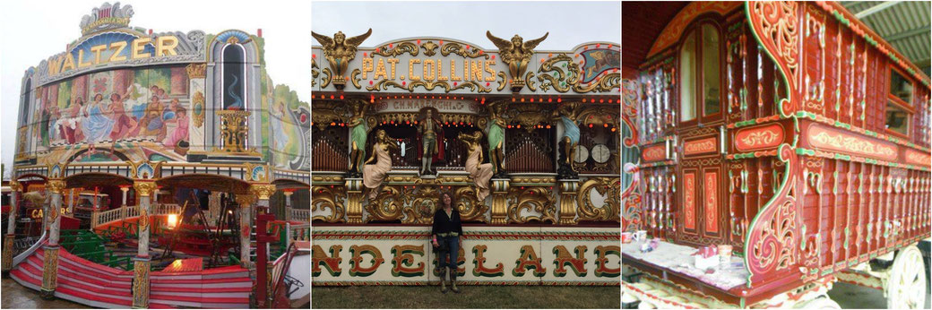 Fairground Waltzer, gilded organ and gypsy waggon.