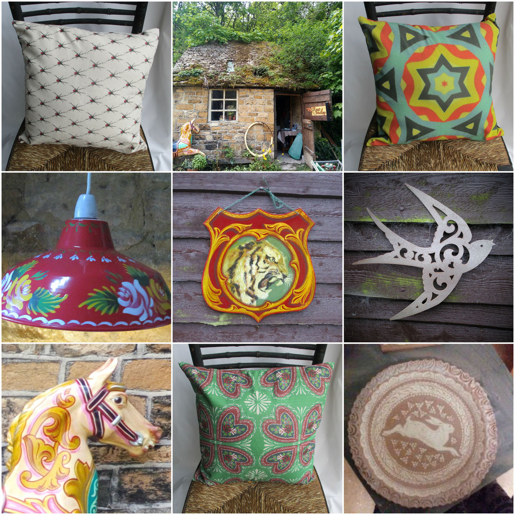 the world of interiors, cushions, canal cushions, hearts and roses cushion, red backed spider fabric, katie red backed spider cushion, fibreglass horses, fairground horse, old signs, enamel lampshade,pottery, earthenware, sgraffito, kbmorgan, metal bird, 