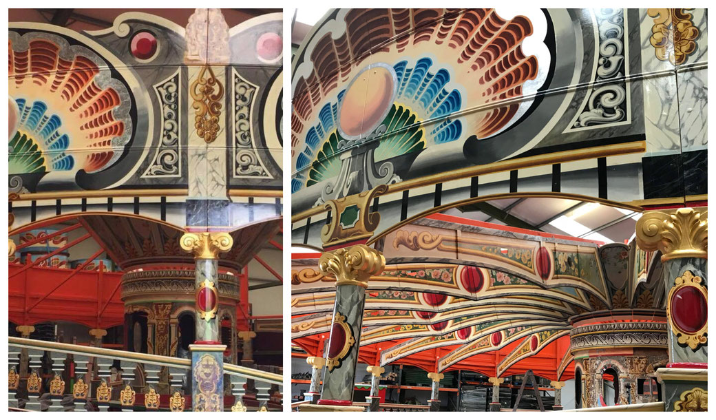 Waltzer painting restoration by Katie B Morgan. Fairground art.  morgan, kbmorgan, katie b morgan, illustrator, fairground artist, cotswold painter, waltzer. lakins waltzer, katie B Morgan restorer, fairground restorer