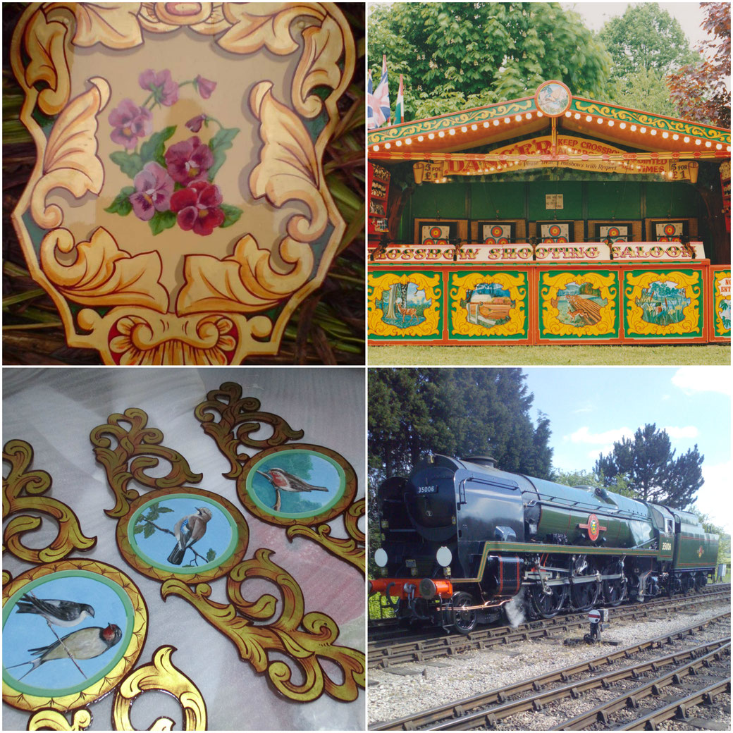 gilded scrolls, shield, gold leaf, shooting gallery,katie morgan, kbmorgan, katie b morgan, illustrator,  showfront for Carters Steam Fair, fairground art, gold leaf flights, roundabout, lining and lettering on steam engine at Toddington GWR, kbmorgan