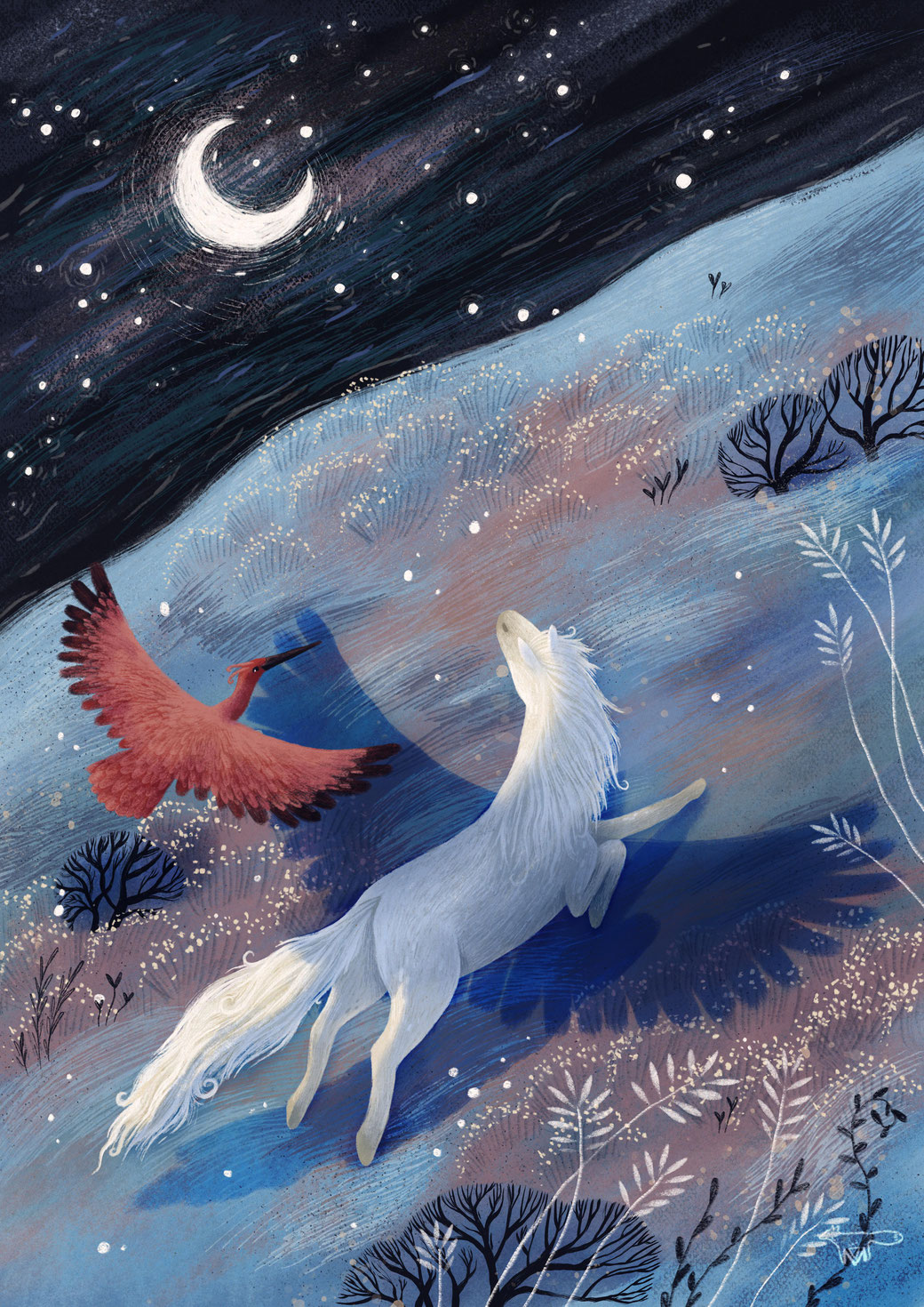 Mareike Ammersken Fantasie Fliegen Natur Tiere Szene Emotional Illustration Pferd Horse Pferde Bird Wings Night Moon Magical