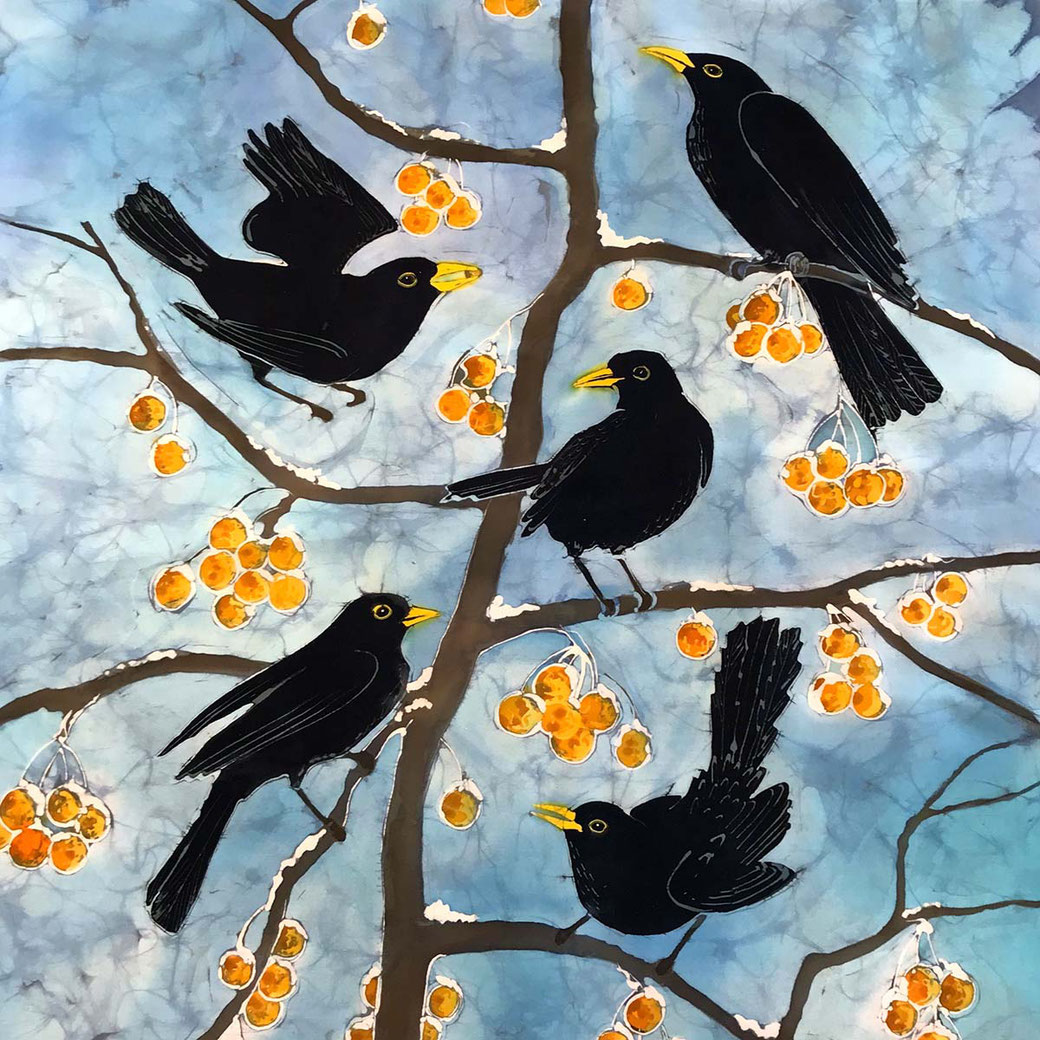 blackbirds on yellow crabapple crab apple english garden birds bird lover art print wall decor