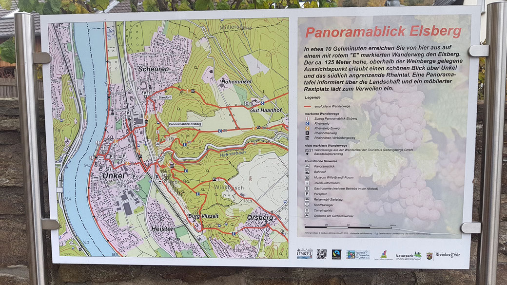 Wanderkarte in Unkel, hier sind der kürzere Einstieg über Hähnerbach und der längere Einstieg über den Panoramablick Elsberg gut zu erkennen - mit einen Doppelklick ins Bild lässt sich die Karte vergrößern!