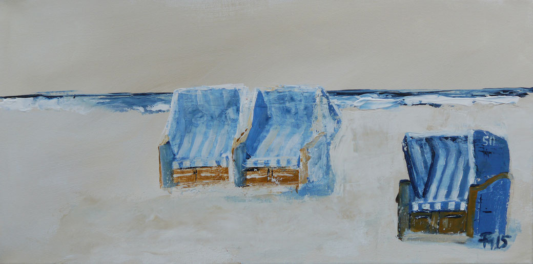 ein horizontales Bild mit blau weissen strandkörben, gemalt PM