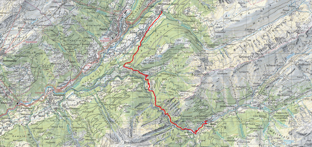 10. Etappe: Mühlebach - Binn: 10.10 Km / 510m Aufstieg / 340m Abstieg