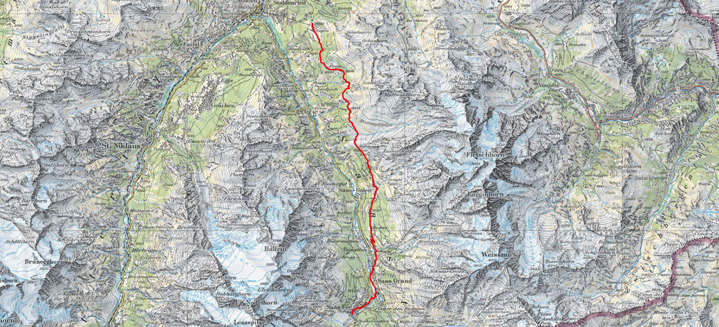 14. Etappe: Gspon - Saas Fee 18.20 Km / 900m Aufstieg / 1020m Abstieg
