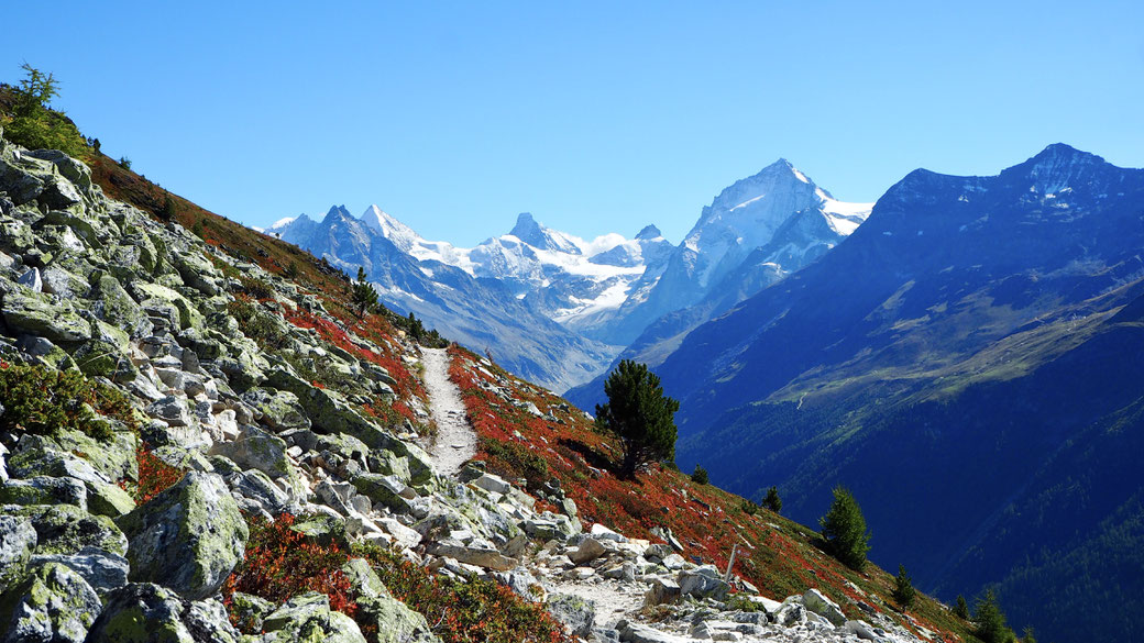 rechts Dent Blanche, in der mitte Matterhorn, links Obergabelhorn