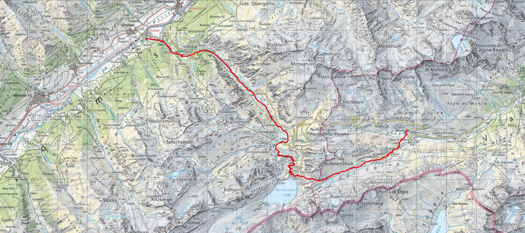 8. Etappe Alpe di Gruina - Ulrichen:  15.20 Km / 600m Aufstieg /  1280m Abstieg