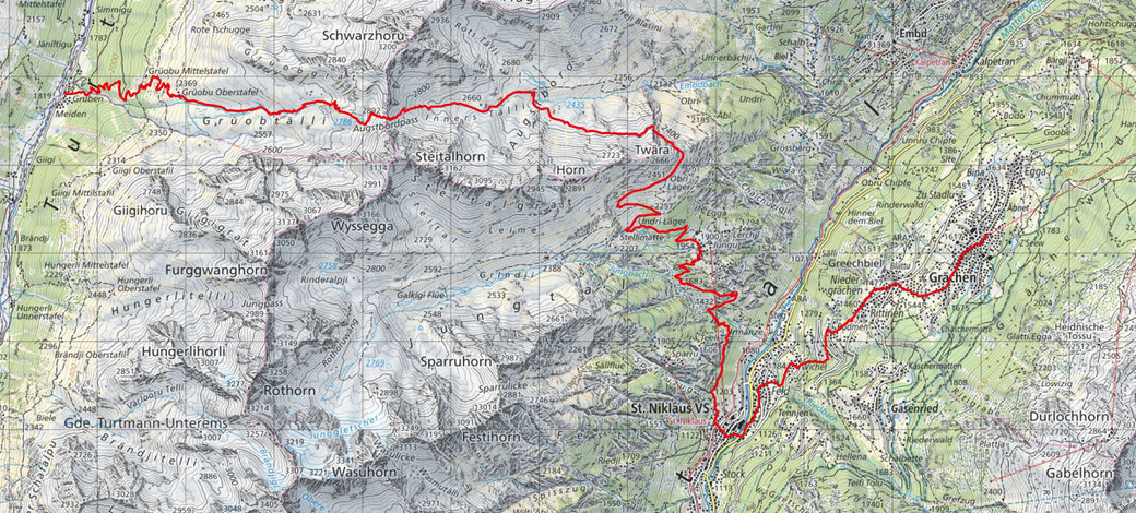 16. Etappe: Grächen - Gruben / Meiden 22.60 Km / 1990m Aufstieg / 1780m Abstieg