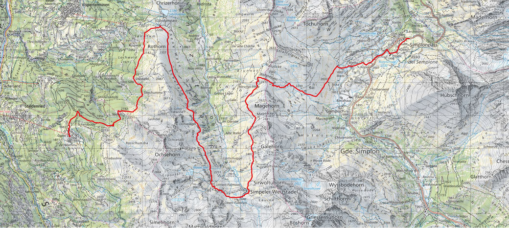 13. Etappe: Rosswald - Gspon:  24.50 Km / 1050m Aufstieg /  1160m Abstieg