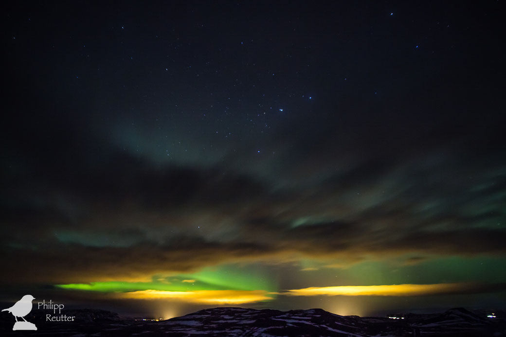 Nordlicht und Sternbild Großer Wagen in Island