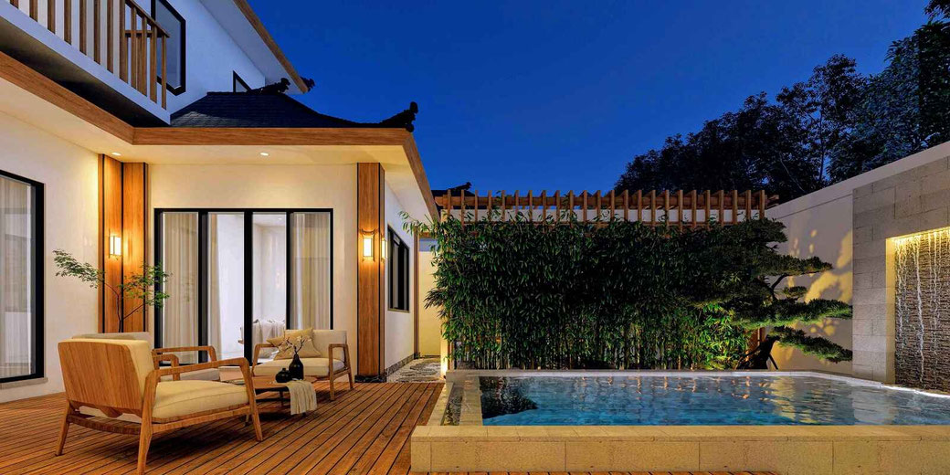 Modern 3-bedroom Japandi villa for sale in Sanur with private pool, terrace and tropical garden.