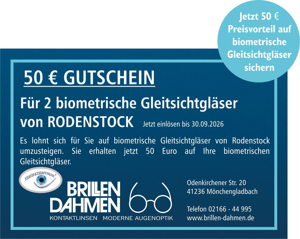 50 €-Gutschein für 2 biometrische Gleitsichtgläser von Rodenstock
