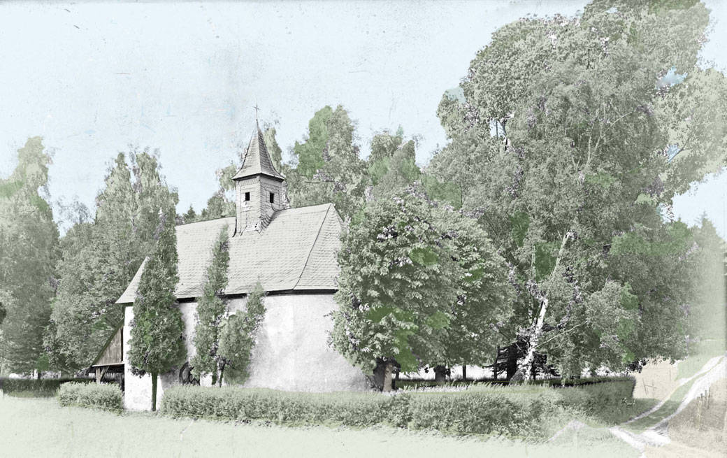 Die Rochuskapelle in Eslohe (Scan von Glas-Negativ mit freundl. Genehmigung von Franz-Jos. Huss, Eslohe) Farblich nachbearbeitet und coloriert