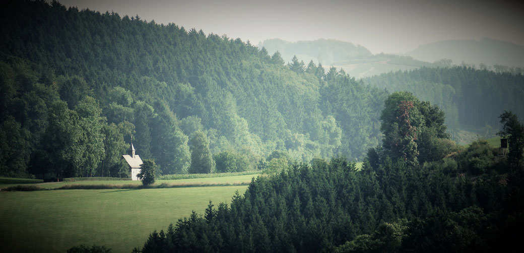 Einsam steht die dem Hl. Rochus geweihte Prozessionskapelle auf der Anhöhe nahe bei Eslohe. (wfoto - von der Kückelheimer Höhe aus gesehen)