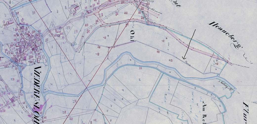 Kartenausschnitt (um 1830): Hier ist der Fußweg durchs "Hunersnest" eingetragen! - Besser sehen mit einem Klick auf die Maustaste -