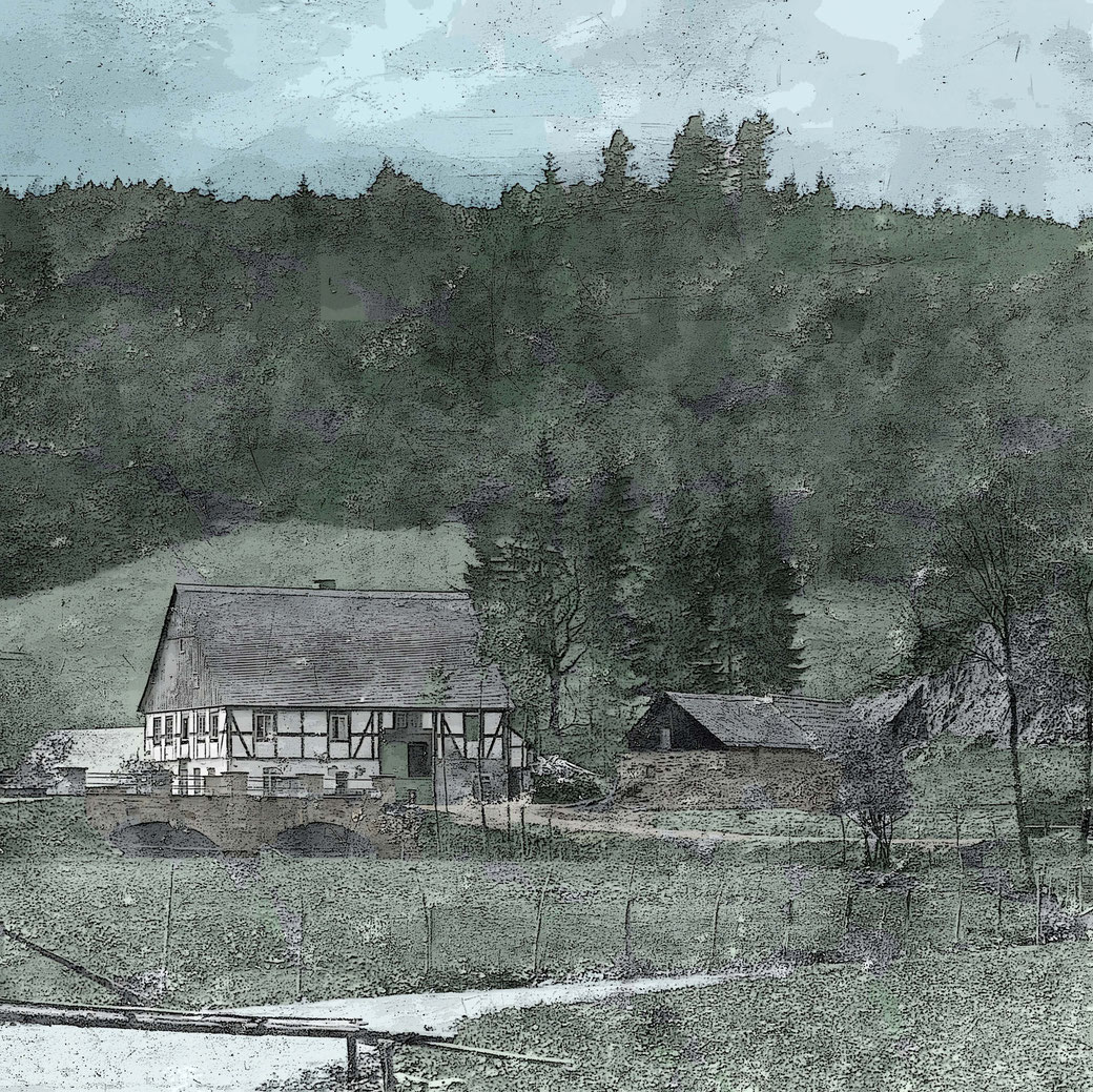 Foto um 1900, sw, von mir coloriert und graphisch verändert. Es zeigt Sternbergs Haus hinter der alten Brücke von 1867, rechts der 1868 errichtete Stall vor der Steinkuhle. Hier befand sich der Stolleneingang. 