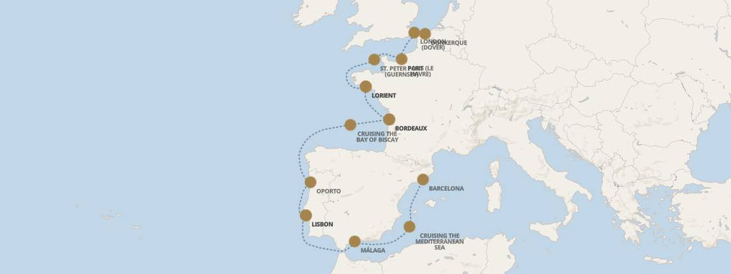 Routenkarte Seven Seas Navigator von Barcelona nach London