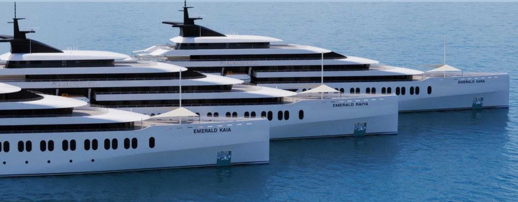 Visualisierung der Luxusyachten Emerald Kaia, Emerald Raiya und Emerald Xara von Emerald Cruises auf dem Meer
