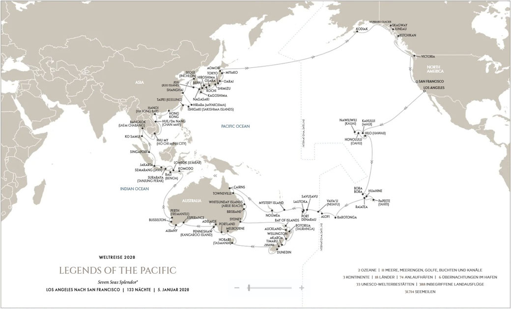 Weltreise 2028 mit Regent - Legends of the Pacific Routenkarte
