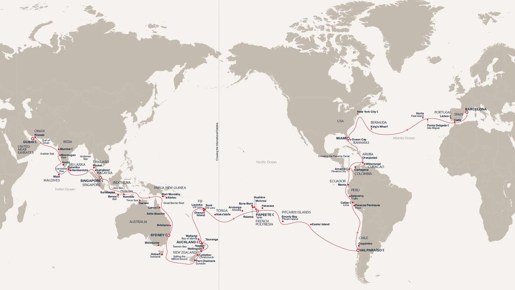 Weltkarte mit der Route der EXPLORA I während ihrer Weltreise 2029