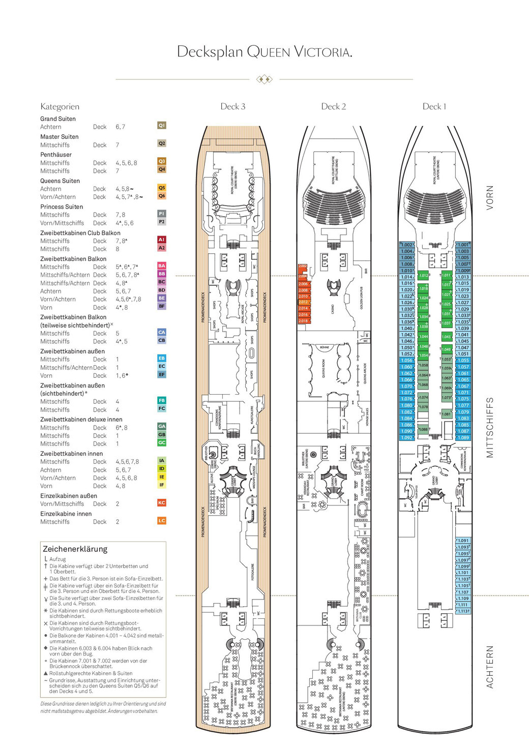 Deckplan Queen Victoria - Deck 1 bis Deck 3